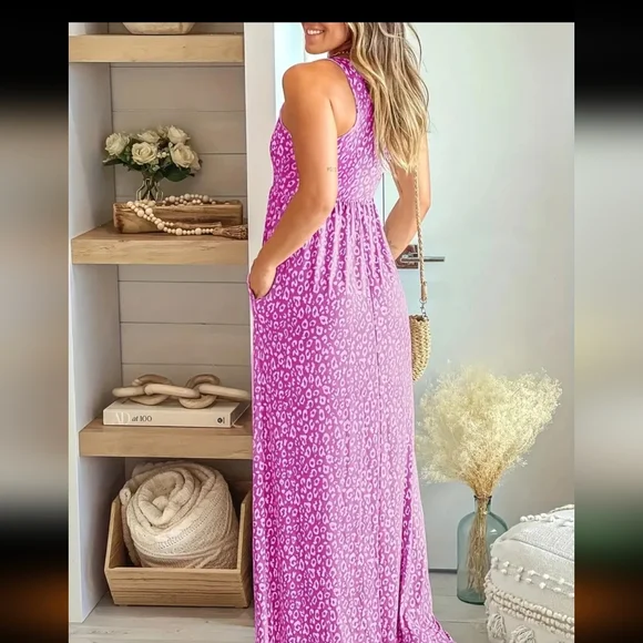 Women's Maxi Leopard Dress/ Rose Red - Picture 3 of 4